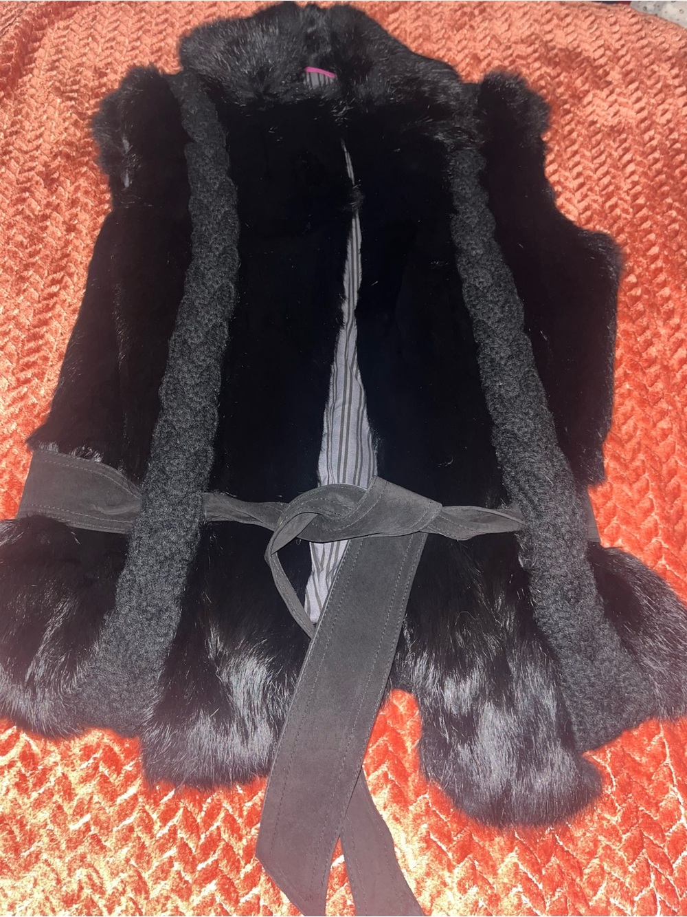 Mateo Size 38 (M) Black Faux Fur Vest with Braided Trim & suede belt